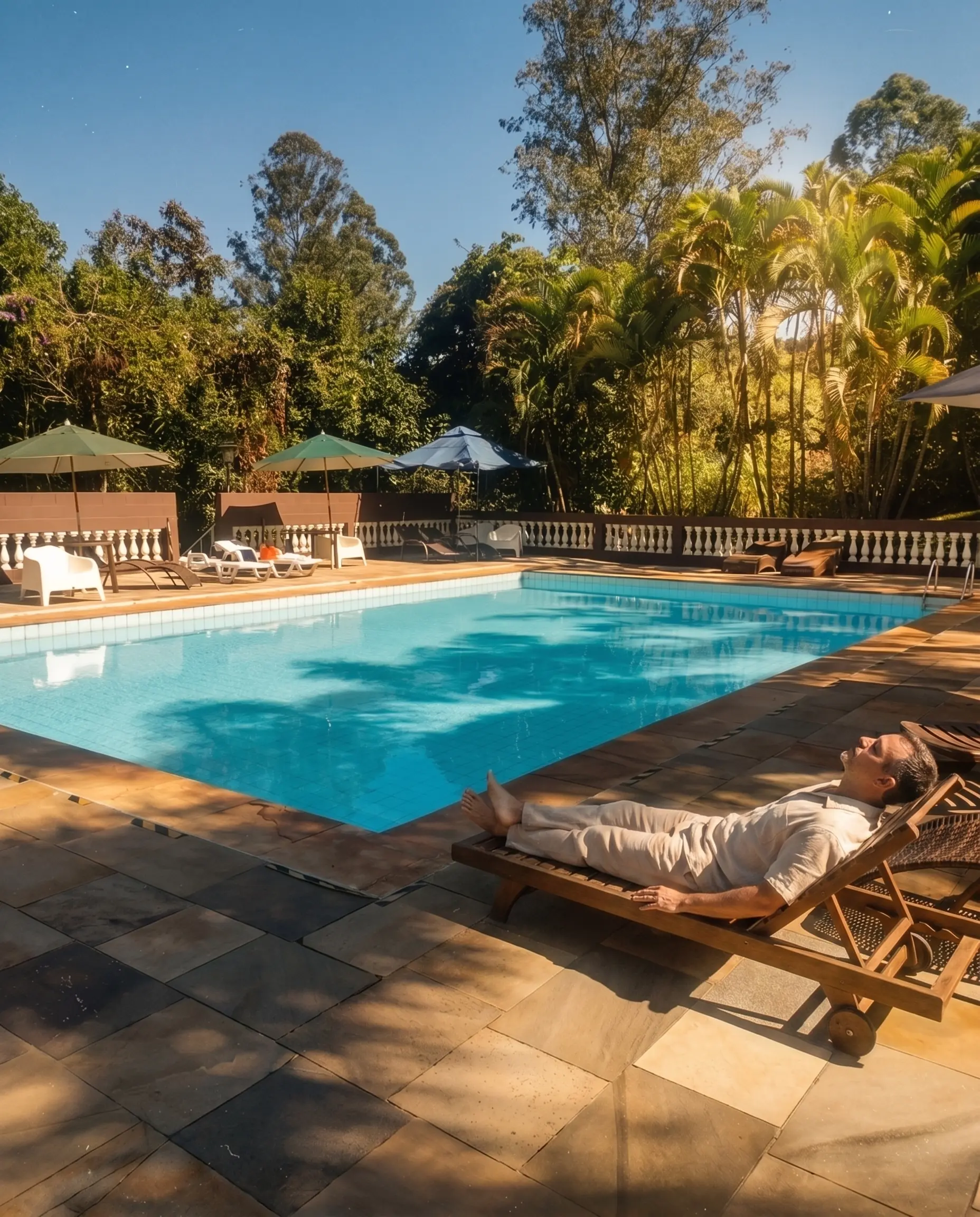 Hóspede descansando de olhos fechados numa espreguiçadeira à beira da piscina, com palmeiras e mata ao fundo, luz de manhã