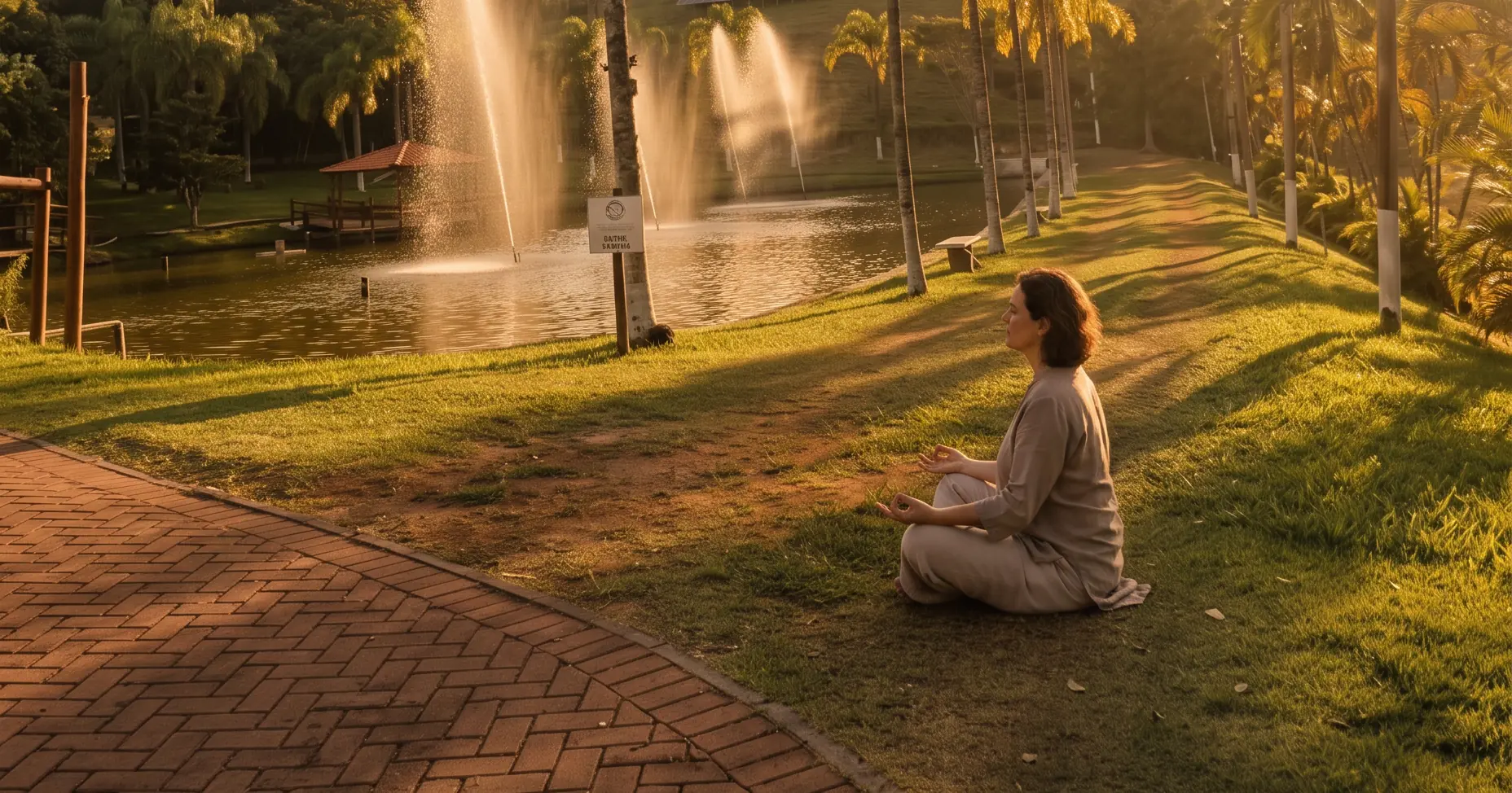 Mulher meditando na grama à beira do lago do Água Santa, na luz dourada do fim de tarde