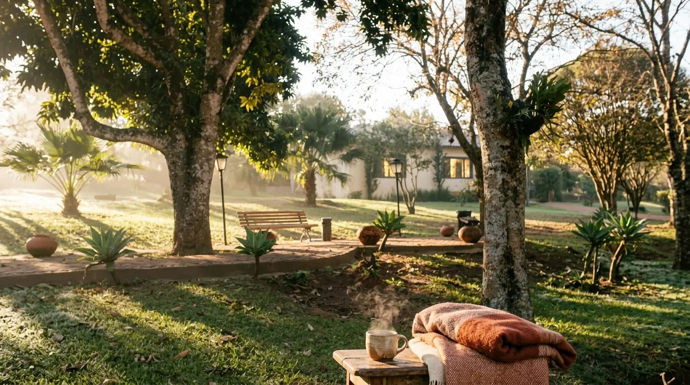 Manhã de névoa no jardim do Água Santa: caneca fumegante e mantas sobre a mesa de madeira, banco e casa ao fundo