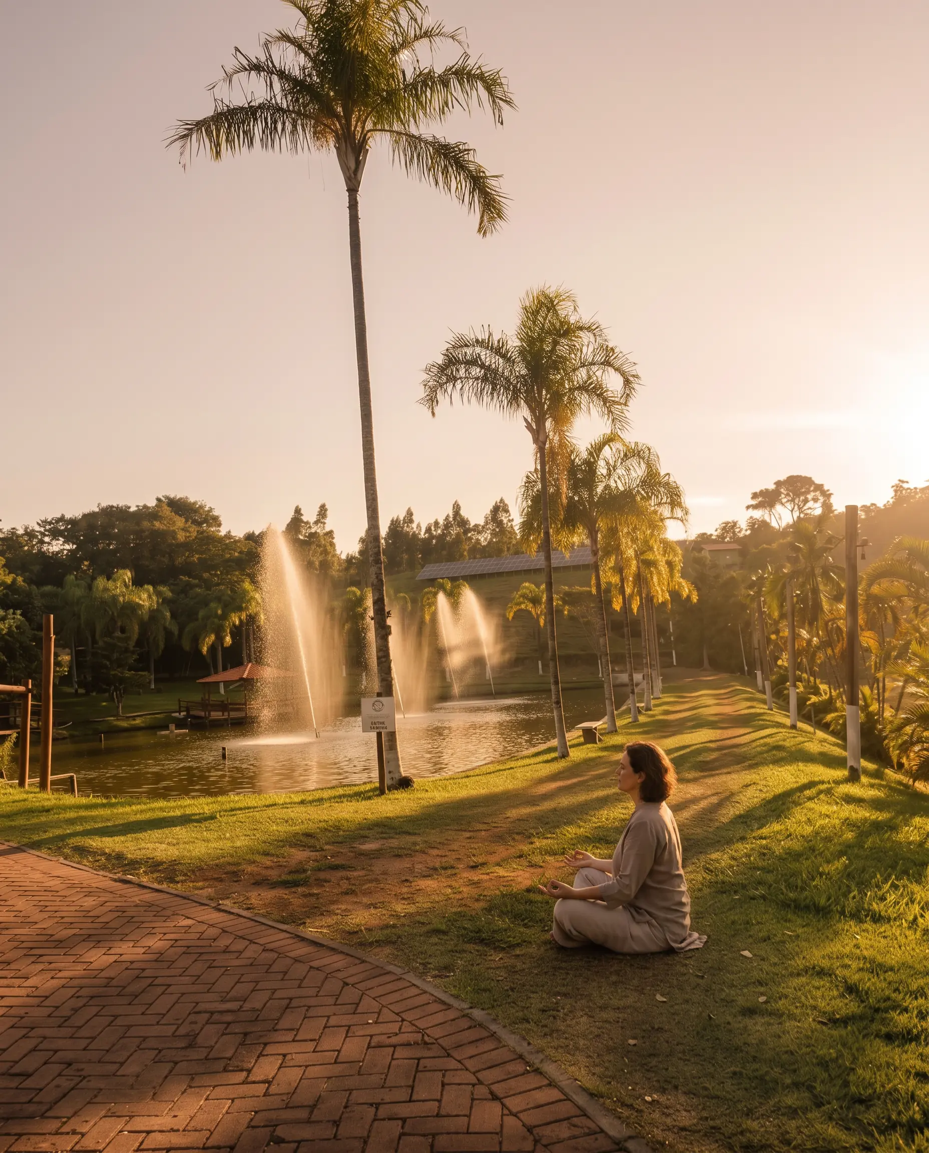 Hóspede em meditação guiada na beira do lago do Água Santa, atividade da grade do RENA