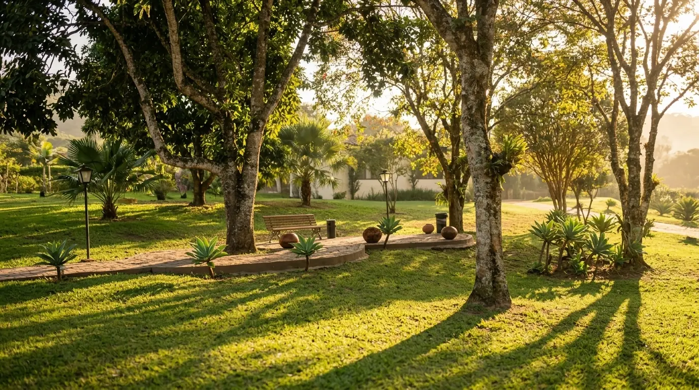 Banco de madeira num caminho de pedras entre árvores no jardim do Água Santa, luz dourada de fim de tarde